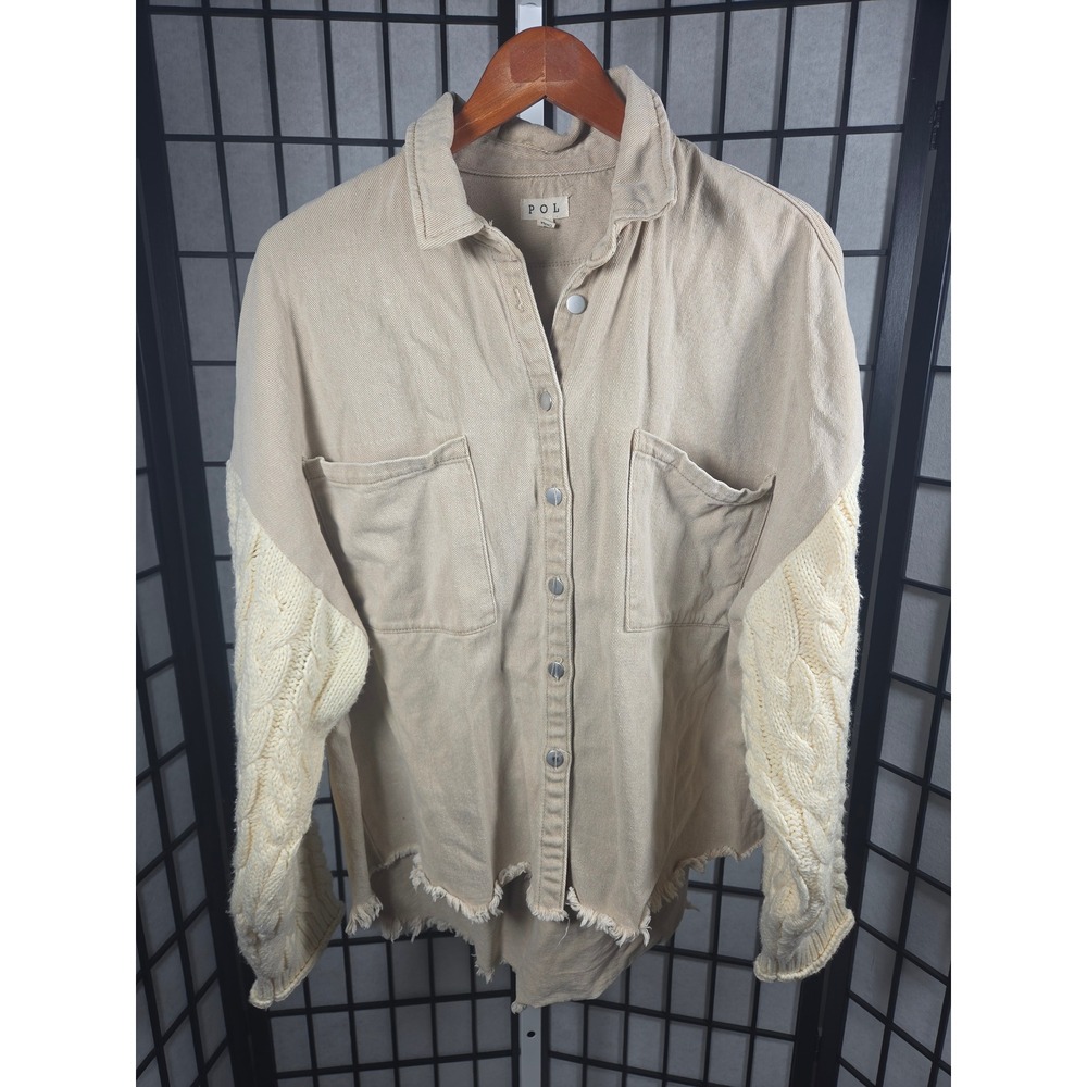 POL Cabin Minimalist Oversized Distressed Shacket Knit Sleeve Tan Medium